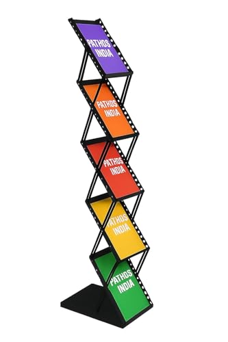 Image of A4 Metal Portable Brochure Folding Zigzag Catalogue /Magazine /Leaflet /Literature Stand Rack Magazine Holder (5 RACK BLACK), Free Standing, Folding
