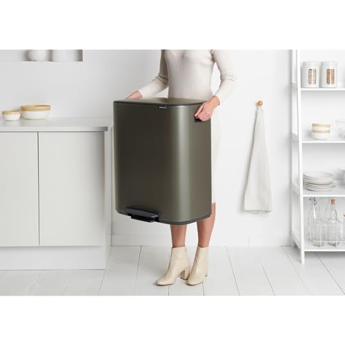 Image of Brabantia Bo Step-On Kitchen Trash Can with Single Compartment | Platinum | 16 Gal Inner Bucket | Soft-Close Garbage Can, Light Pedal Operation, Stay-Open Lid | Fits Against Wall | + Trash Bags