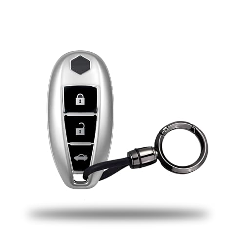 Image of SIAGO TPU Key Cover and Round Keychain Compatible for Maruti Suzuki Baleno, Vitara Breeza, S Cross, Ciaz, Swift, Ignis, 3 Button Smart Key Cover (Grey)