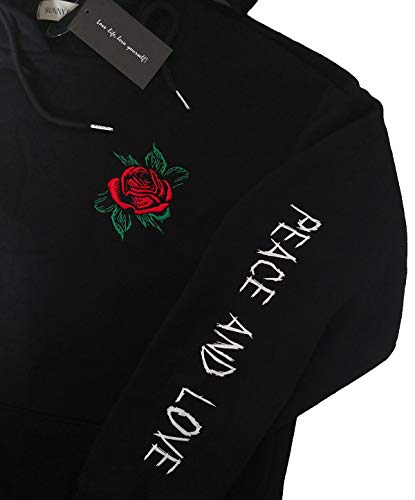 Sunny Guo Rose Embroidered Hoodie Long Sleeve Letters Printed Hip Hop Hoodie Hooded Sweatshirt For Men Women (Black, S) #TOP1