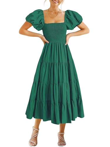 GOLDSTITCH Women's Smocked Maxi Dress Square Neck Ruffle Hem Puffy Short Sleeve Flowy Midi Dress Green