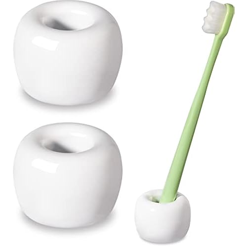 Travel-Friendly Mini Ceramics Toothbrush Holders for Bathroom Decor Vanity Countertops, Space Saver, White, 2 Pack