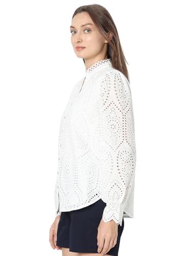 Image of VERO Moda Women's Cotton Mandarin Collar Solid Regular Fit Shirt | Schiffli Design Shirt for Women