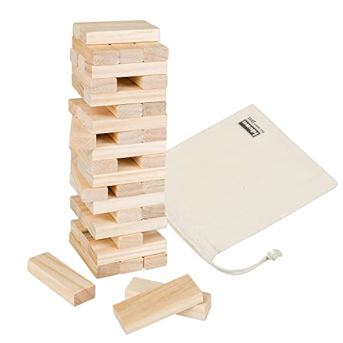 Idena - Wackelturm Spiel aus Holz, Geschicklichkeitsspiel mit 54 Bausteinen und Aufbewahrungsbeutel, Geschellschaftsspiel