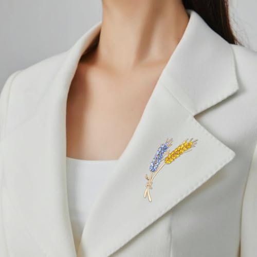 Image of Wheat Brooch Pin Blue Yellow Rhinestones Plant and Flower Suit Lapel Pins for Women Men Jewelry Gift (1pc 1+1pc 2), 2.6*0.43*1.0in