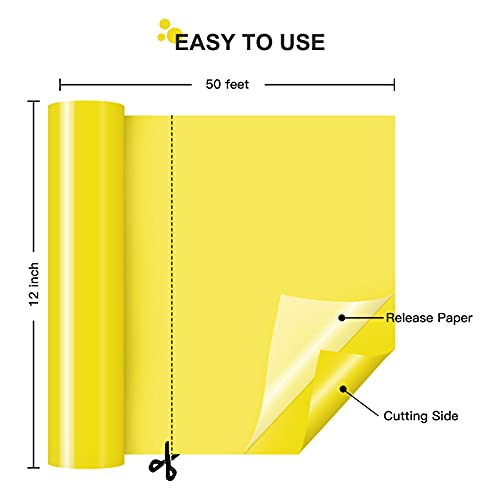 Image of HTVRONT Yellow Permanent Vinyl Roll - 12 inch x 50 FT Glossy Lemon Yellow Adhesive Vinyl for Cricut, Silhouette, Cameo Cutters, Yellow Vinyl Roll for Signs, Scrapbooking, Craft, Die Cutters