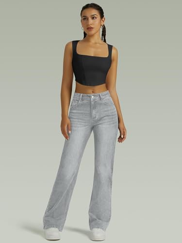 Image of FUNUCA Straight Leg Jeans for Women,High Waisted Wide Leg Loose Microelastic Boyfriend Denim Pants