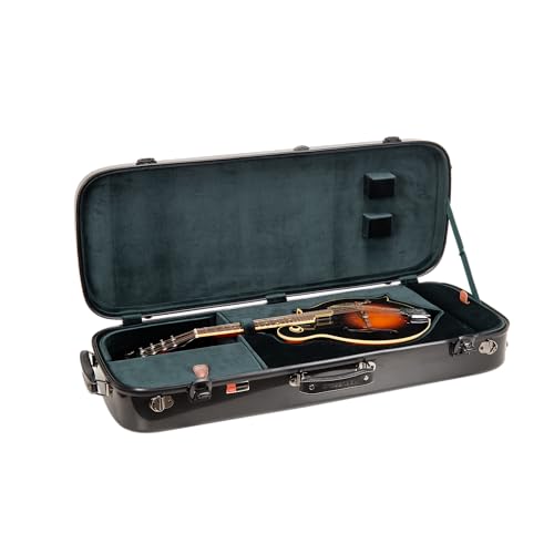 Image of Crossrock Fiberglass Mandolin Case - Oblong for F-Style (Fits Gibson F5) | Black Gloss Finish, Forest Green Velvet, TSA Lock, Hygrometer, Backpack Straps - Hard Shell Pro Travel Series