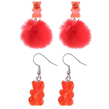 Fuqimanman2020 Cartoon plush ball and gummy bear earrings Pom Pom Bear Dangle Earrings Acrylic Big Drop Dangle Stud Earrings for Women Party Jewelry