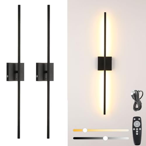 Image of 32 Inch Wireless Wall Sconces Set of 2, Rechargeable Battery Operated Wall Sconce With Remote & Touch, 8000mah, 3 Color Modes, Magnetic, 360 Rotate, for Bedroom, Living Room, Hallway Decor, Black