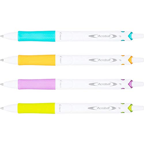 PILOT Acroball PureWhite Advanced Ink Refillable & Retractable Ball Point Pens with Turquoise/Orange/Purple/Lime Accents, Fine Point, Black Ink, 4-Pack (31896)
