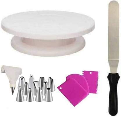 MAFAHH Combo of Cake Making Turn Table 7 inch Stainless Steel Spatula, 12 Piece of Cake Decoration Nozzles with Icing Bag and 3 Pieces of Dough Scrapper | Cake Making Tools