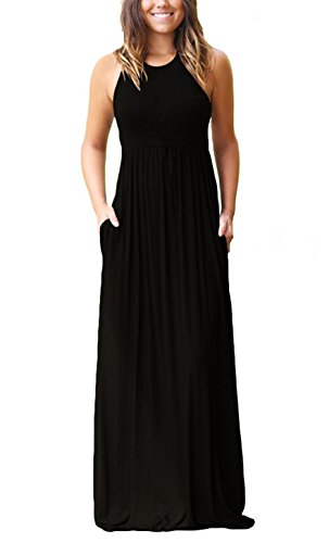 Image of EUOVMY Women's Sleeveless Dress Casual Plain Loose Summer Long Maxi Dresses with Pockets