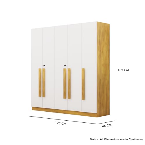 Image of Bniture 5 Door Wardrobe for Bedroom with Lockable Door & Hanging Space | Almirah for Clothes with Elevated Bottom Base | Wardrobe for Storage | 3 Years Warranty (Giant Wood & Frosty White, 5 Door)