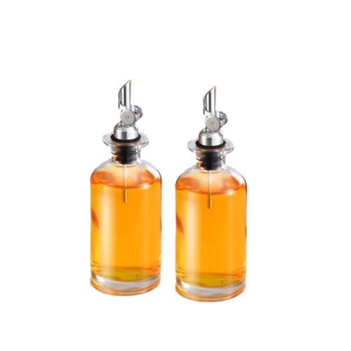 Olive Oil and Vinegar Dispenser With Wooden Tray Metal Pour Spout Set- Glass Oil Bottles for Kitchen 350ml Oil Dispenser With Labels- Set of 2