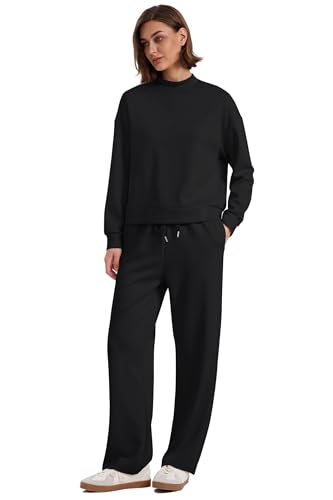 WIHOLL Two Piece Sets for Women Fall Outfits Lounge Sets Mock Neck Tops Wide Leg Pants Vacation Travel Airport Outfits4