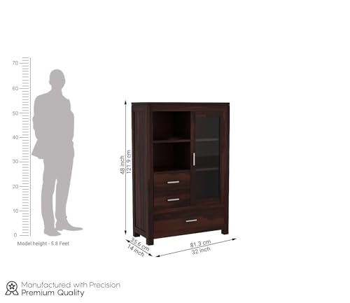 Image of Wood Book Shelf for Home Library || Wooden Cabinet with Glass and Drawer Storage || Crockery Cabinet for Kitchen || Book Shelfwith Door (Walnut Finish)