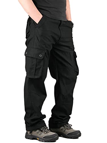 Yesgirl Pantalones cargo para hombre con 6 bolsillos, pantalones de exterior, pantalones de ocio, de algodón, corte regular, pantalones de senderismo, pantalones largos cargo, para hombre, Negro , M Cover