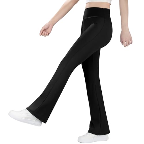 BIG ELEPHANT Girls Fleece Lined Flare Leggings, High Waisted Athletic Bell Bottom Pants for Kids