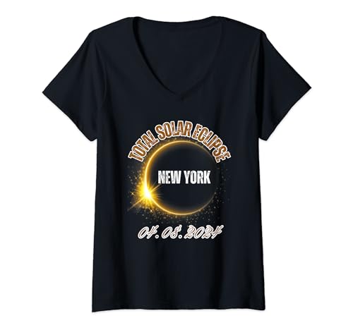 Mujer Eclipse Solar Nueva York USA Totalidad 8 de abril de 2024 Camiseta Cuello V