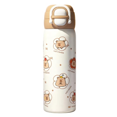 JOAASU Cute Capybara Water Bottle, 600ml/20oz Stainless Steel Water Bottle for Kids, Leak-Proof Vacuum Insulated Bottles with Capybara Pattern for