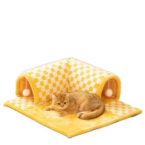 JoFist猫トンネルベッド 猫ハウス キャットトンネル 隠れ家 取り外し可 猫犬 小型犬 寝床 ペットハウス 冬寒さ対策 冬用 暖かい 洗える 休憩所 運動不足対策 ストレス解消 (イエロー,中:66×60cm)