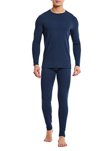 DAVID ARCHY Men's Ultra Soft Warm Stretchy Cotton Fleece Lined Base Layer Top & Bottom Thermal Set Long John with Fly (M, Navy Blue)