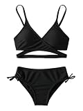 MIENOE Teen Girls Two Piece Bikini 12-13 Years | Not See-Through Built-in Lining Removable Chest Pads Bathing Suit | Black Criss Cross Adjustable Straps Swimsuit Size 12