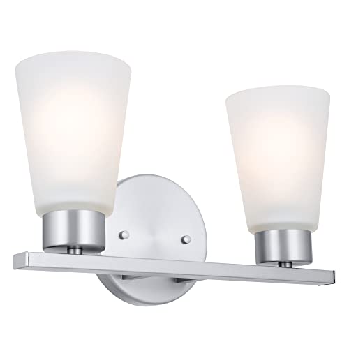 Image of Kichler Stamos 2-Light Bathroom Vanity Light Fixture with Satin Etched Glass Shades, Modern Wall Mount in Brushed Nickel for Mirror Lighting (13 x 8 x 5 in), 45887NI
