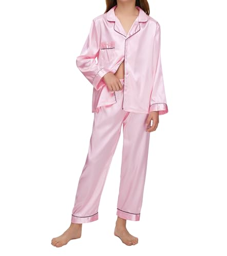EPLAZA Kids Satin Pajamas Sets Girls Boys Button-Down Silky Pajamas Sleepwear with Hairband Eye Mask Hair Tie2