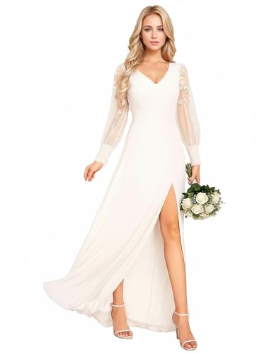 Ever-Pretty Women's V Neck Chiffon Embroidered Tulle Long Sleeves Slit