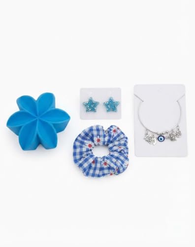 Image of Aspire-T Aesthetic Blue Hair Accessories & Jewelry Gift Set: Plumeria Claw Clip, Evil Eye Charm Bracelet, Gingham Scrunchie, and Glitter Star Earrings