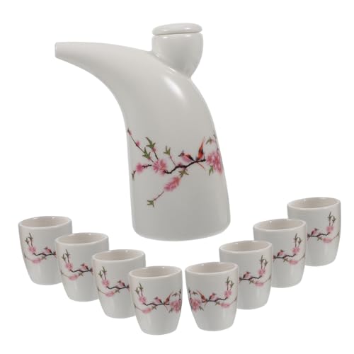 Cabilock Ceramic Sake Jug Set 8 Tea Cups Traditional Rice Wine Serving Bottle for Home Bar Restaurant