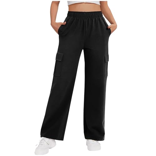 Womens Straight Cargo Pants High Waist Wide Leg Baggy Y2k Sweatpants Casual Classic Athletic Jogger Pant with Pocket Black