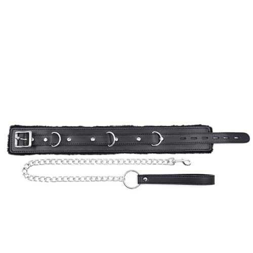 Image of Fur-lined Black Leather Bondage Collar and Leash Set, Leather Bondage Toys Sex Collar with Chain Leash for SM Games