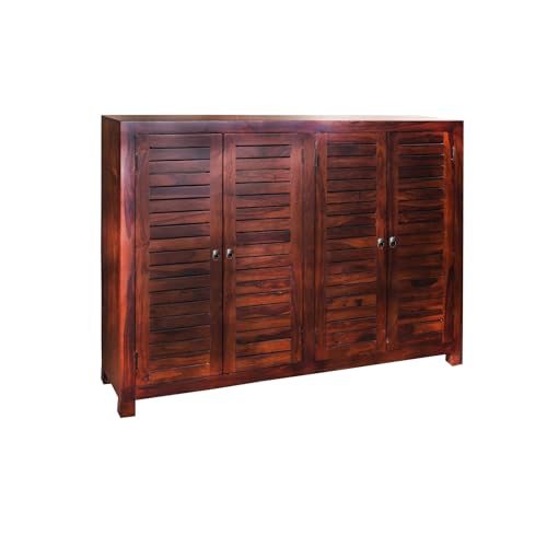 Image of Solid Sheesham Wood Shoe Rack Wooden with 4 Doors & Drawer | Multipurpose Shoe Rack Stand Storage Cabinet Organizer for Home, Office, Entryway, Hallway & Living Room, Bedroom | Walnut Finish