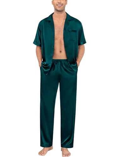 Image of SWOMOG Mens Satin Pajama Set Short Sleeve Classic Sleepwear Button Down Silky Loungewear with Long Pants Solid Deep Green X-Large