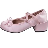 SIAIBIN Balletcore Satin Ballet Flats Ballet Heels for Women Ballet Flats with Strap Mary Jane Heels Aesthetic Shoes (Pink,7)
