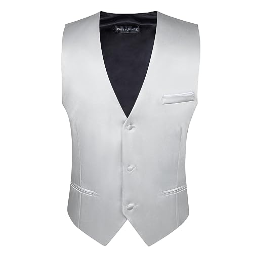 Image of Barry.Wang Vest for Men Business /Leisure Dress Suit Vests V-neck 2 Pockets Wedding Party Tuxedo Satin Waistcoat