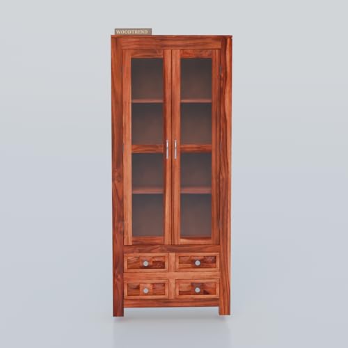 Image of Wood Book Shelf with Glass Door, Wooden Bookshelf for Home Library, Kitchen Crockery Cabinet, Study Room Furniture, Books Rack, Book Stand, BookCases, Bookshelves (Natural Finish)