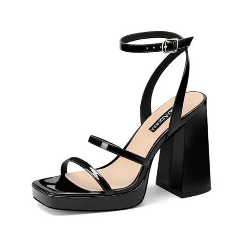 MIRAAZZURRA Platform Strappy Heel Sandals Square Open Toe Two Strap Chunky High Heeled Sandals with Buckle Ankle Strap for Women Party Wedding Dress Black 7