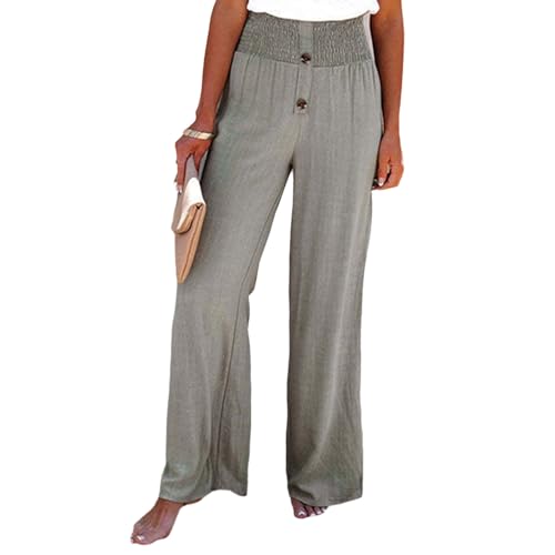 Linen Blend High Rise Smocked Pants, Smocked High Waisted Cotton Linen Wide Leg Pants, Summer Casual Boho Pants for Women