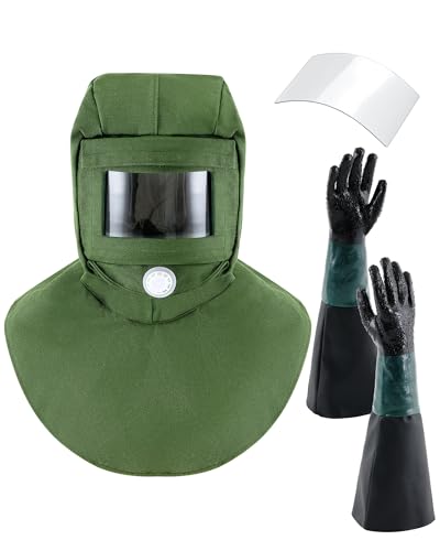Image of 3 Pcs Shawl Cap Sandblasting Mask Set 1 Sand Blasting Hood Cap with 23.6 inch Blast Gloves and 1 Sandblasting Hood Replacement Lens Glass for Polishing Painting Dusting Grinding Abrasive Cabinet
