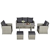 Outsunny Poly Rattan Sitzgruppe 6 TLG. Garten Essgruppe Sofa-Set Sofa Lounge Hocker Hof Balkon Pool PE Rattan Grau