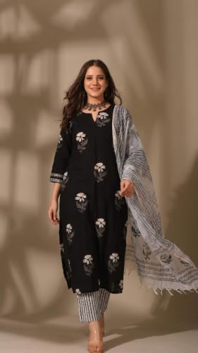Image of Royal Export Women Floral Printed Black Straight Salwar Suit Set || Kurta Sets for Woman | Kurta Trouser Sets| Ethnic Set, Casual, Office Wear Kurta Set |Black