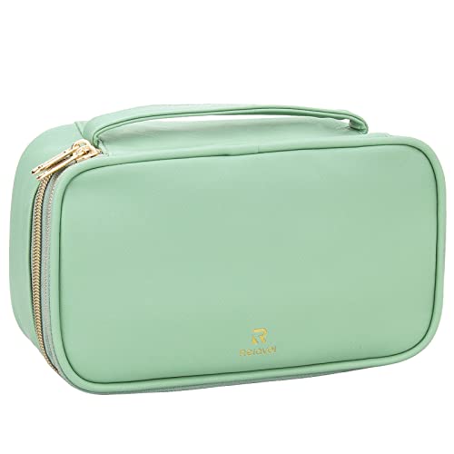Relavel Travel Small Makeup Bag, Portable Cosmetic Bag, Double Layer Makeup Organizer, Make Up Pouch for Women, Washable Handbag with Handle (Green)