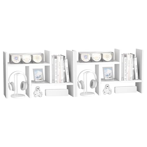 Image of Jerry & Maggie Desktop Organizer Office Storage Rack Adjustable Wood Display Shelf Free Style Double H, Multi-Functional Mini Bookshelf for Desk Natural Stand (White /2 Pack)