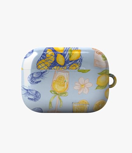 Image of Sicilian Summer Glossy Case Compatible with AirPods Pro 2, Cute Lemon Cocktail and Shrimp Protective Hard Cover, Aesthetic Italian Vacation Earbud Accessories for Women