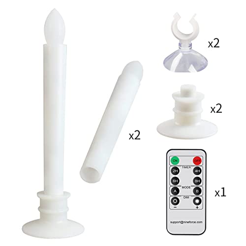 Image of 2 Pack Flameless Taper Candles with Remote /Timer & Suction Cup, Battery Operated Flickering LED Window Candles, Vintage Christmas Electric Fake Candlesticks, White Holder