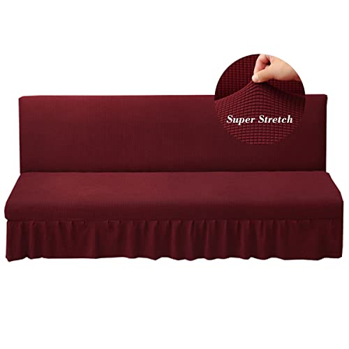 Stretch Armless Futon Cover with Skirt Ruffled Knitted Jacquard Futon Sofa Bed Cover Machine Washable Futon Couch Cover Futon Sofa Cover Furniture Bed Protector with Elastic Bottom for Kids,Pets (Red)